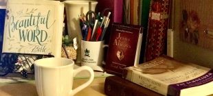 desk with coffee cup two