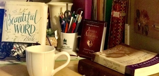 desk with coffee cup two